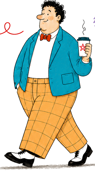 Freddy character walking with a coffee cup
